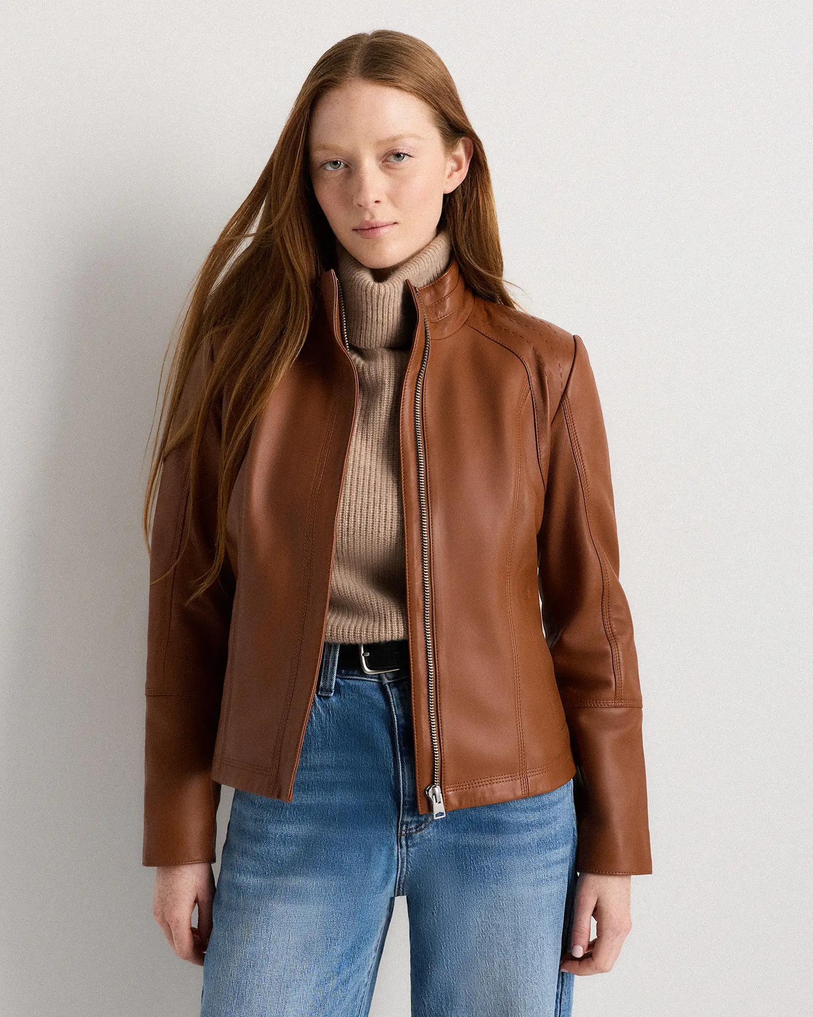 100% Leather Stand-Collar Jacket