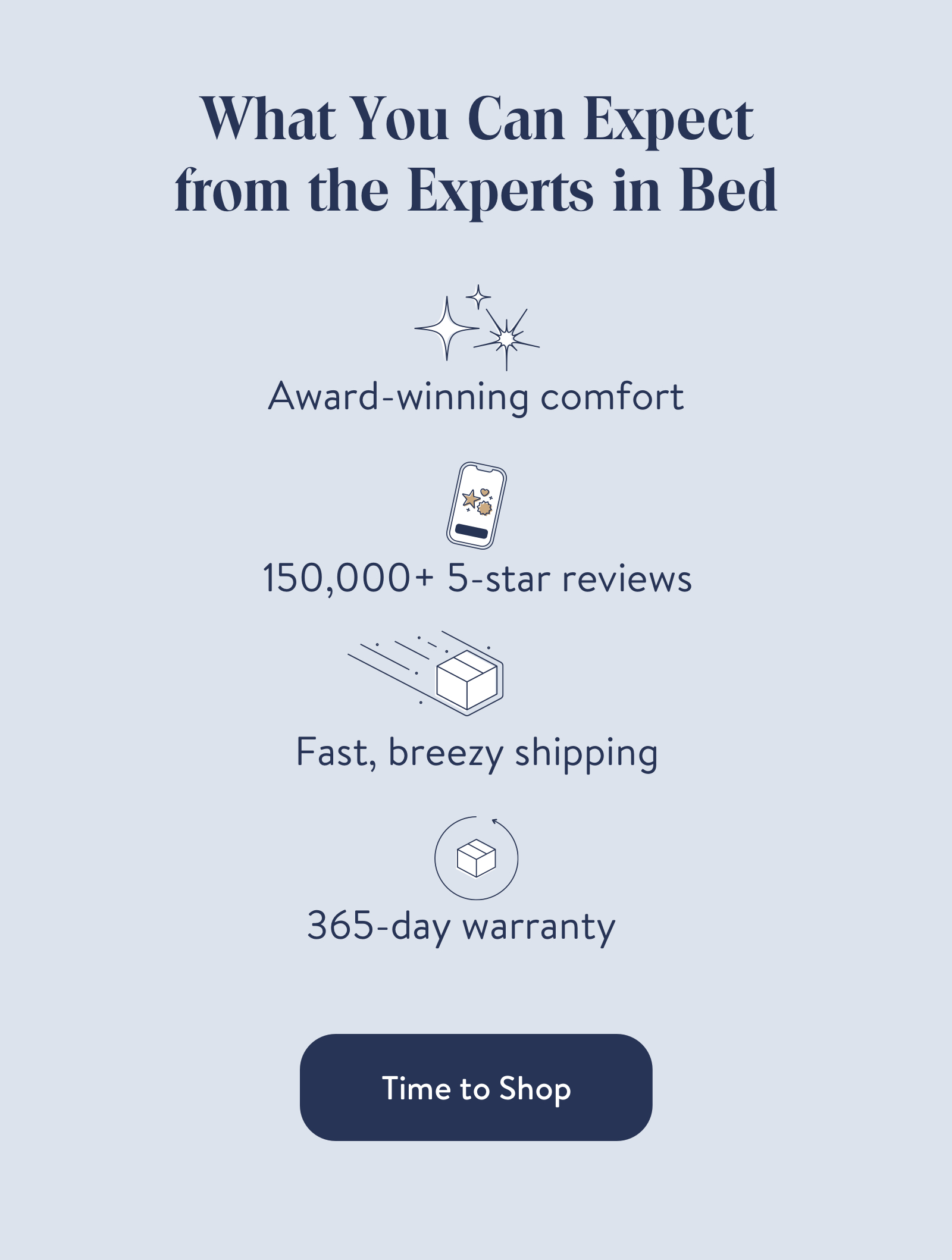 What You Can Expect from the Experts in Bed  Award-winning comfort  150,000+ 5-star reviews  Fast, breezy shipping  365-day warranty  Time to Shop
