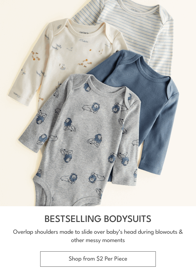 Bestelling Bodysuits | Overlap shoulders made to slide over baby&rsquo;s head during blowouts & other messy moments | Shop from $2 Per Piece