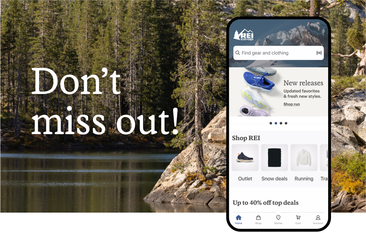 A lake surrounded by pine trees with an image of the REI app overlaid