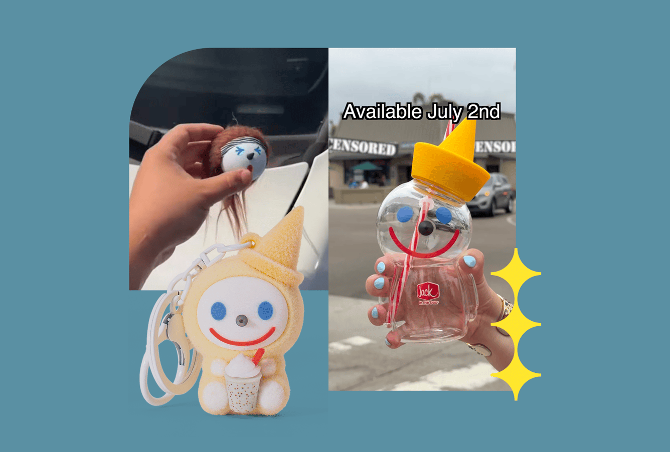 A graphic featuring Jack in the Box collectibles, including a bag charm, antenna charm and water bottle