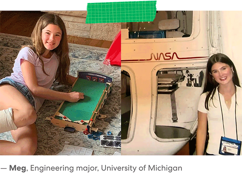 Featured KiwiCo alumni rotate through images of each child 15 years ago next to present day. 