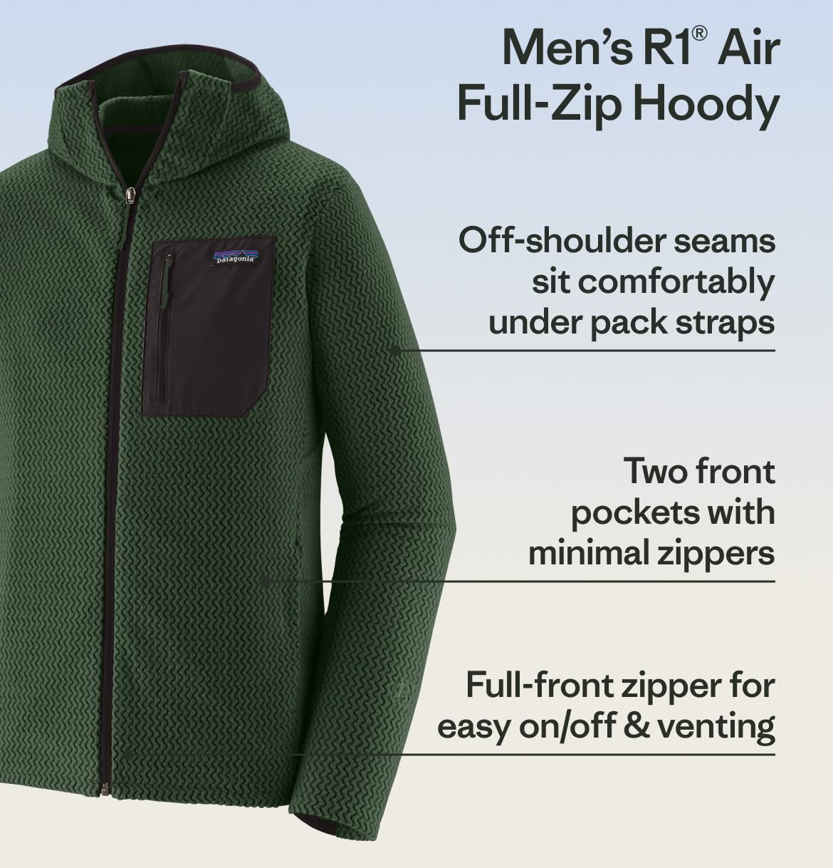 The Men&rsquo;s R1&reg; Air Full-Zip Hoody features off-shoulder seams that sit comfortably under pack straps, two front pockets with minimal zippers and a full-front zipper for easy on/off and venting