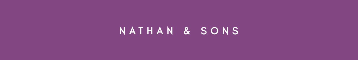 A wide, minimalist banner with a solid muted purple background and centered white, widely spaced uppercase text reading &ldquo;NATHAN & SONS.&rdquo; The flat grap...