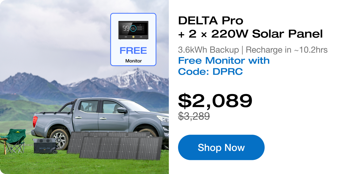 DELTA Pro + 2 &times; 220W Solar Panel 3.6kWh Backup | Recharge in ~10.2hrs Free Monitor with Code: DPRC