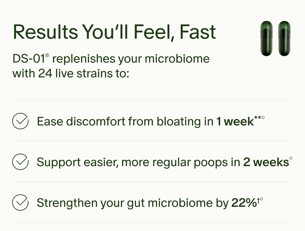 Results You&rsquo;ll Feel, Fast | DS-01&reg; replenishes your microbiome with 24 live strains to: | Ease discomfort from bloating in 1 week**&deg; | Support easier, more regular poops in 2 weeks&deg; | Strengthen your gut microbiome by 22%&dagger;&deg;