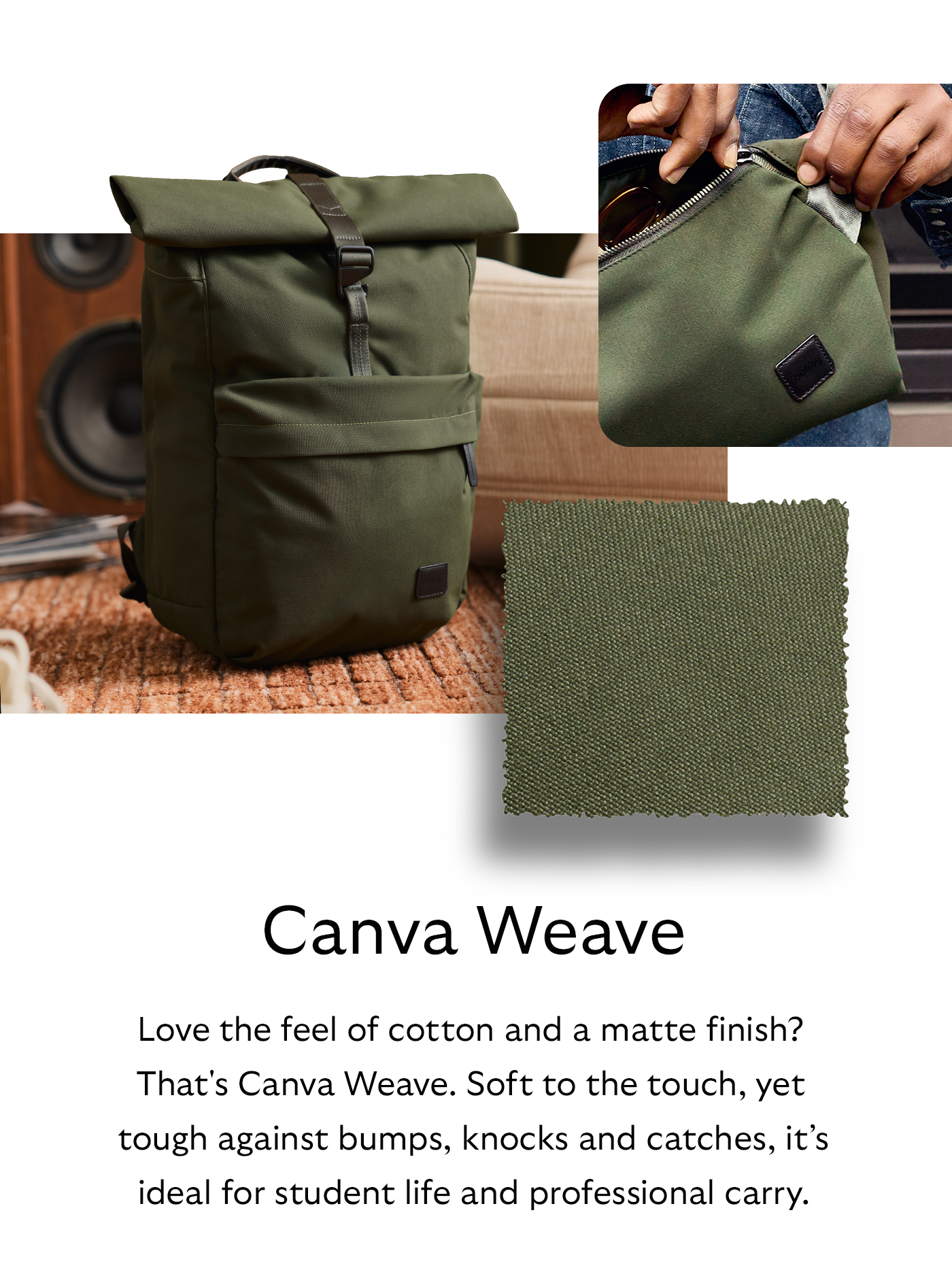 [Material name] Canva Weave [Starburst] Love the feel of cotton and a matte finish? That's Canva Weave. Soft to the touch, yet tough against bumps, knocks and catches, it&rsquo;s ideal for student life and professional carry.