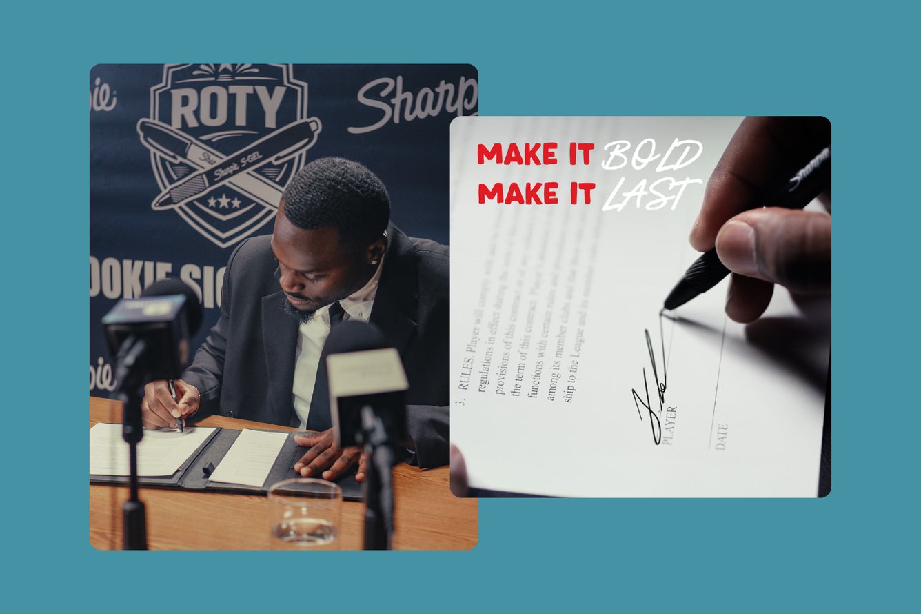 Jeremiyah Love uses a Sharpie pen at a press conference to sign a contract in two photos, one of which is a close-up displaying his signature 