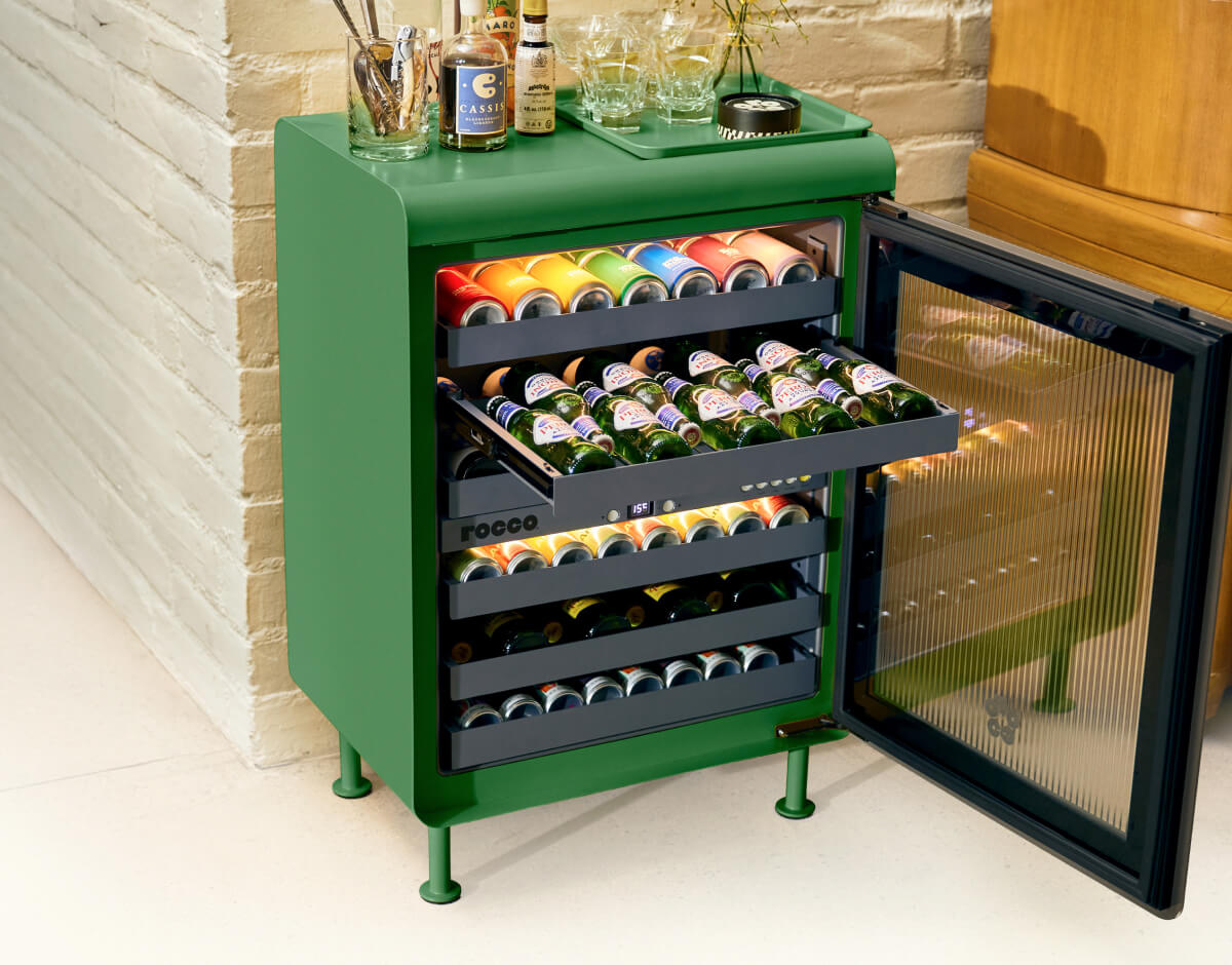 Green Rocco fridge fully stocked and ready to entertain.