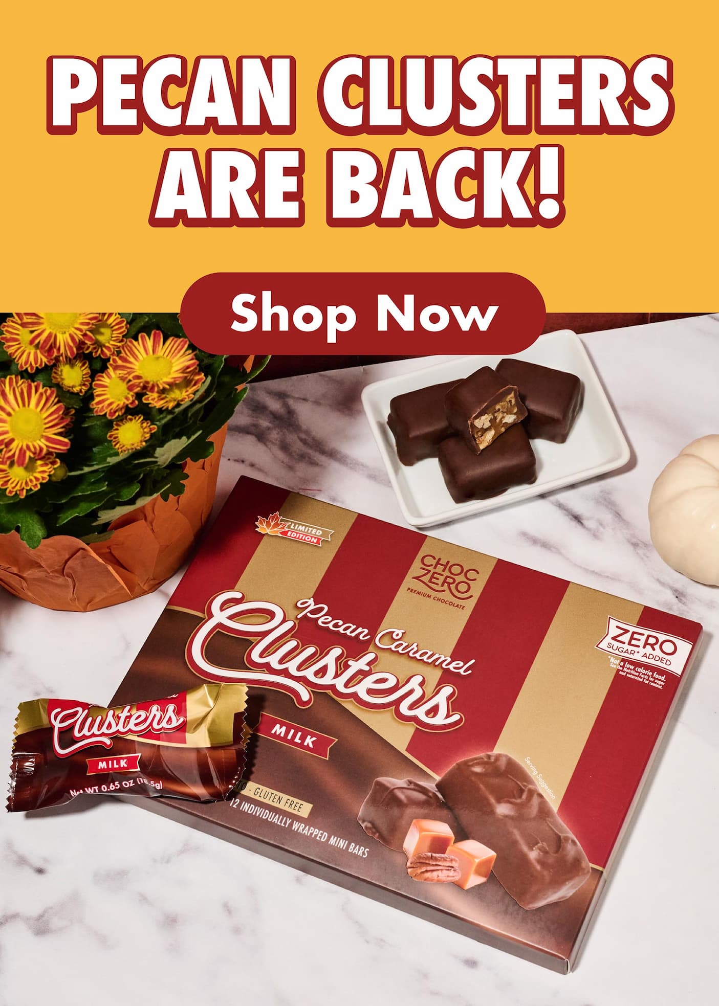 ChocZero Pecan Caramel Clusters are back. Shop the returning fall candy favorite.