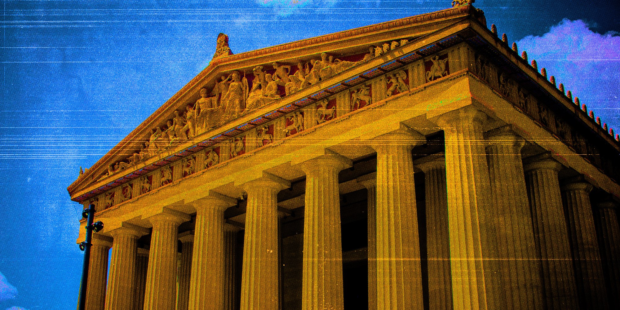 Stylized blue-and-gold illustration of the Parthenon replica in Nashville