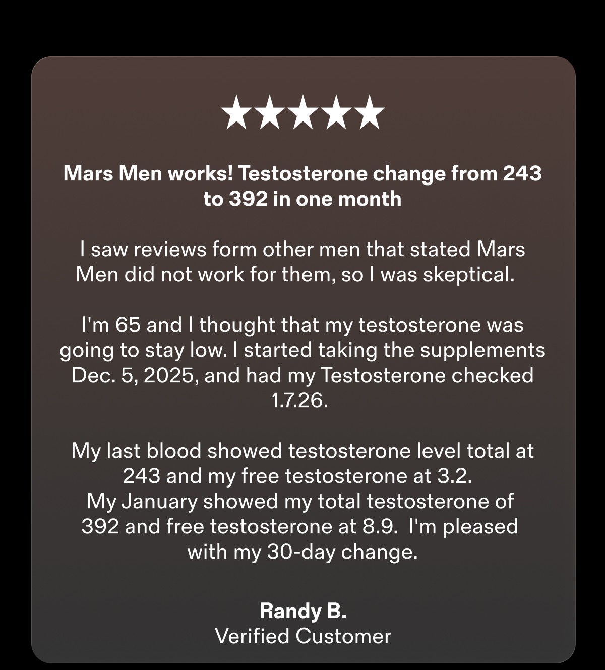 Mars Men works! Testosterone change from 243 to 392 in one month