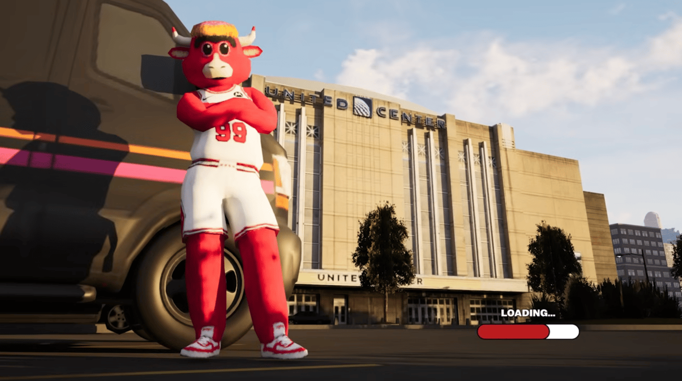 Benny the Bull standing with arms crossed in a screenshot from the Chicago Bulls' 2026-27 season schedule release video.