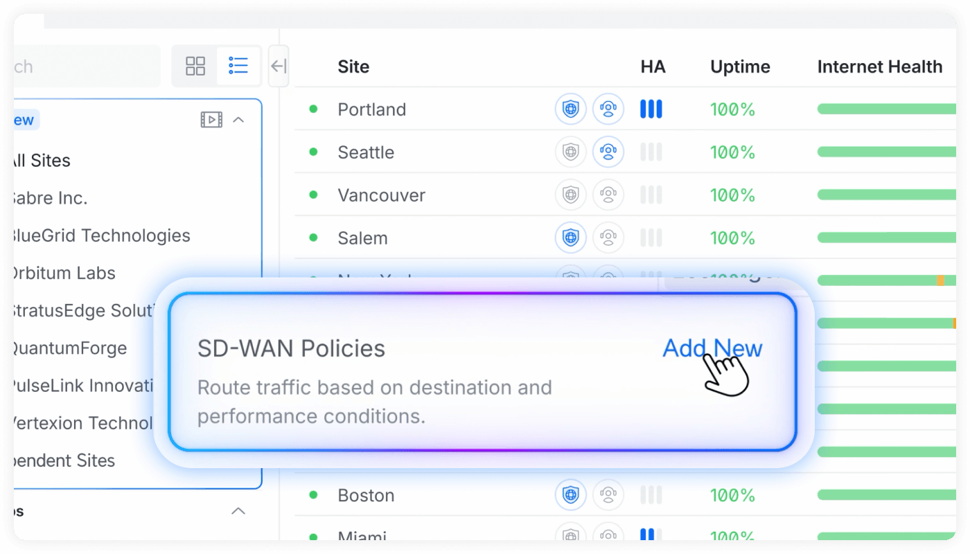 Performance-based SD-WAN routing in Site Manager automatically steers traffic across WAN connections and multiple hubs based on the SLAs you define.