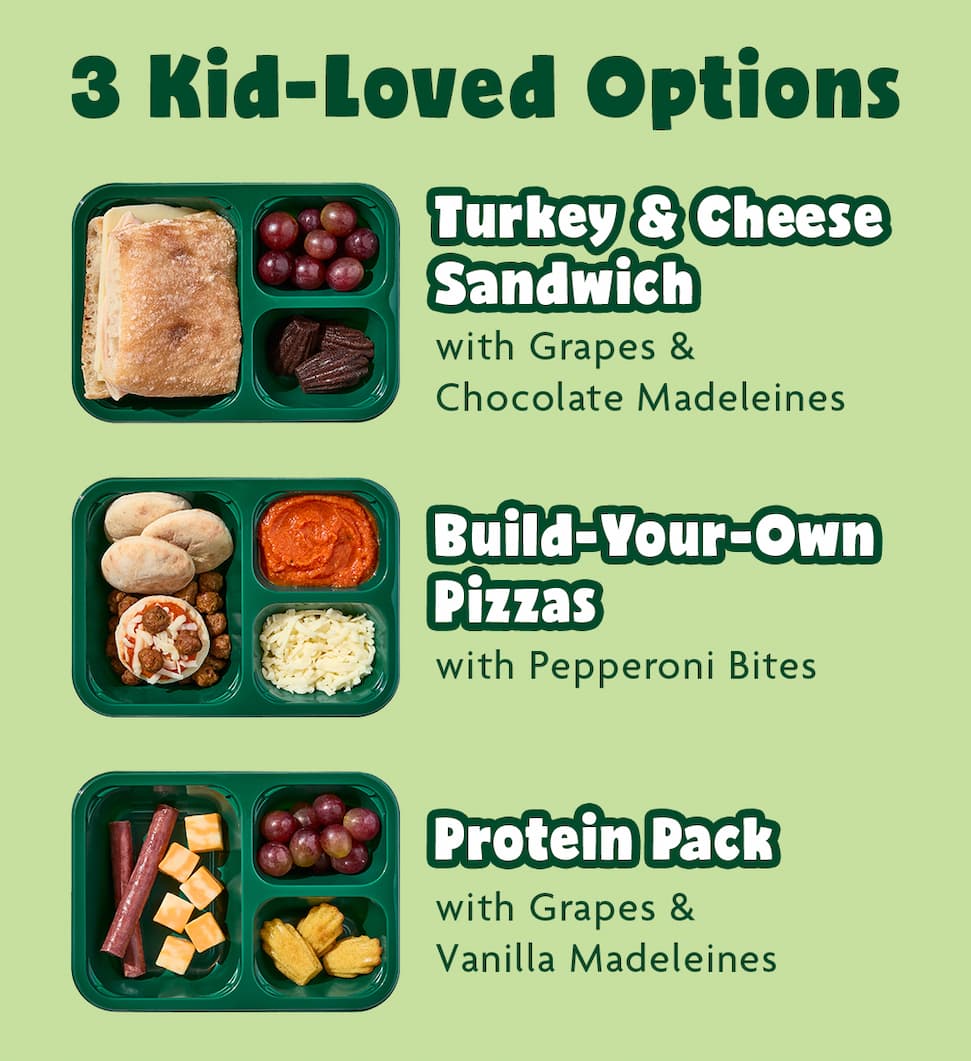 3 kid-loved Lunchkins options: Build-Your-Own Pizza, Turkey & Cheese Sandwich, Protein Pack