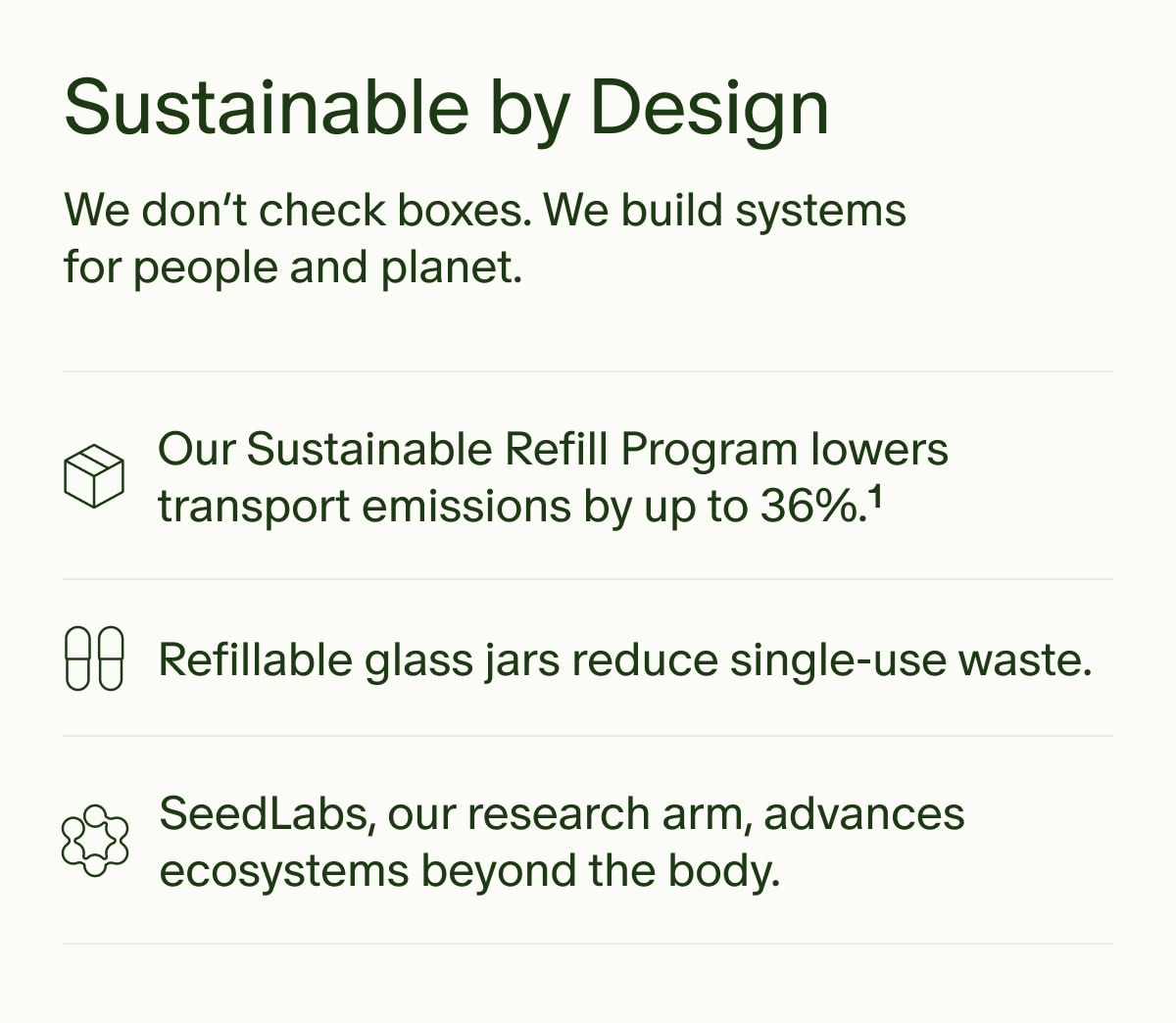 Sustainable by Design | We don&rsquo;t check boxes. We build systems &mdash; for people and planet. | Our Sustainable Refill Program lowers transport emissions by up to 36%.1 | Refillable glass jars reduce single-use waste. | SeedLabs, our research arm, advances ecosystems beyond the body.