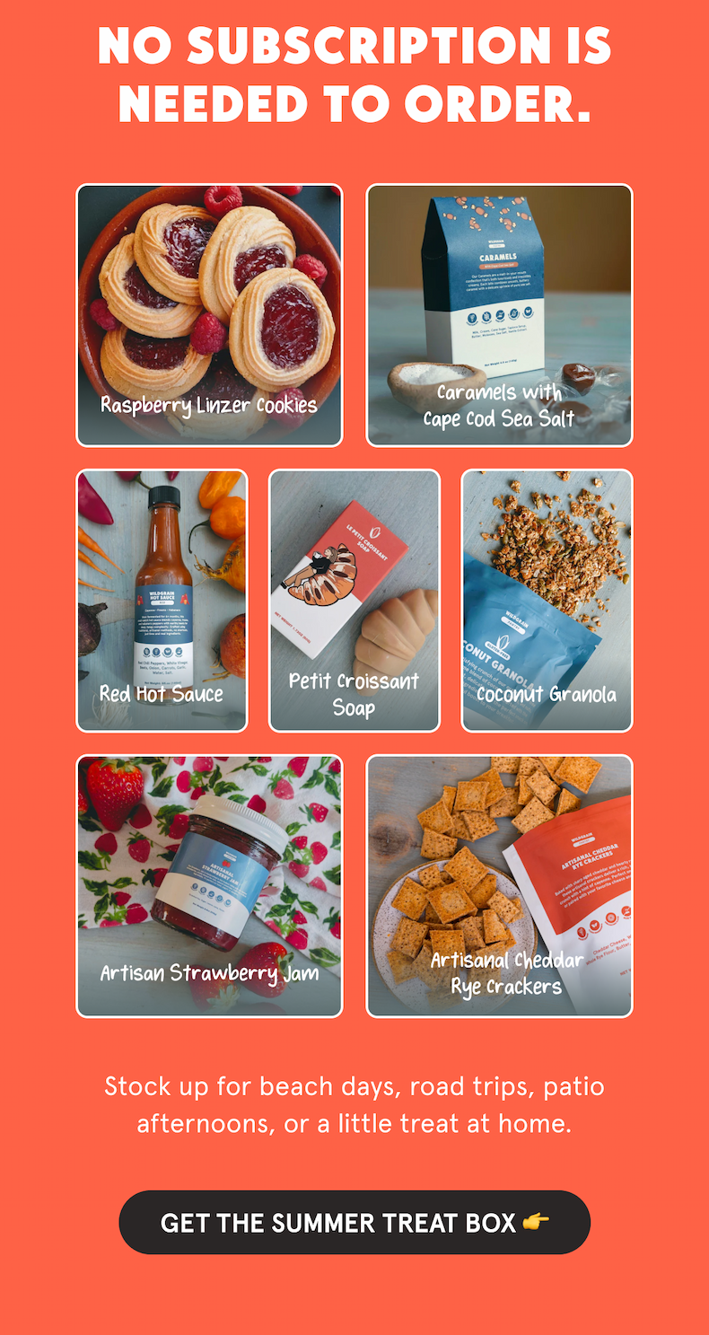 Raspberry Linzer Cookies  Caramels with Cape Cod Sea Salt  Coconut Granola  Artisan Strawberry Jam  Artisanal Cheddar Rye Crackers  Red Hot Sauce  Petit Croissant Soap   Sweet, savory, and ready whenever you are.  Stock up for beach days, road trips, patio afternoons, or a little treat at home. GET THE SUMMER TREAT BOX 👉