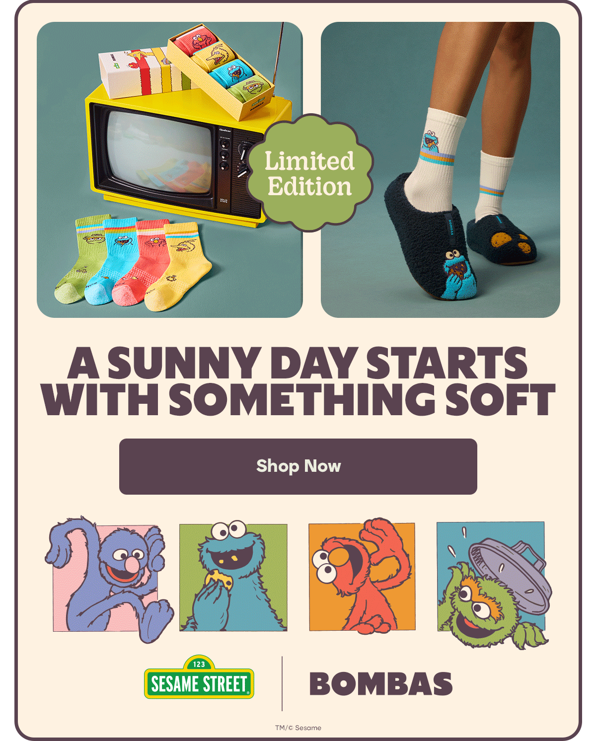 Limited Edition. A SUNNY DAY STARTS WITH SOMETHING SOFT. Shop Now. SESAME STREET. BOMBAS. TM/&copy; Sesame