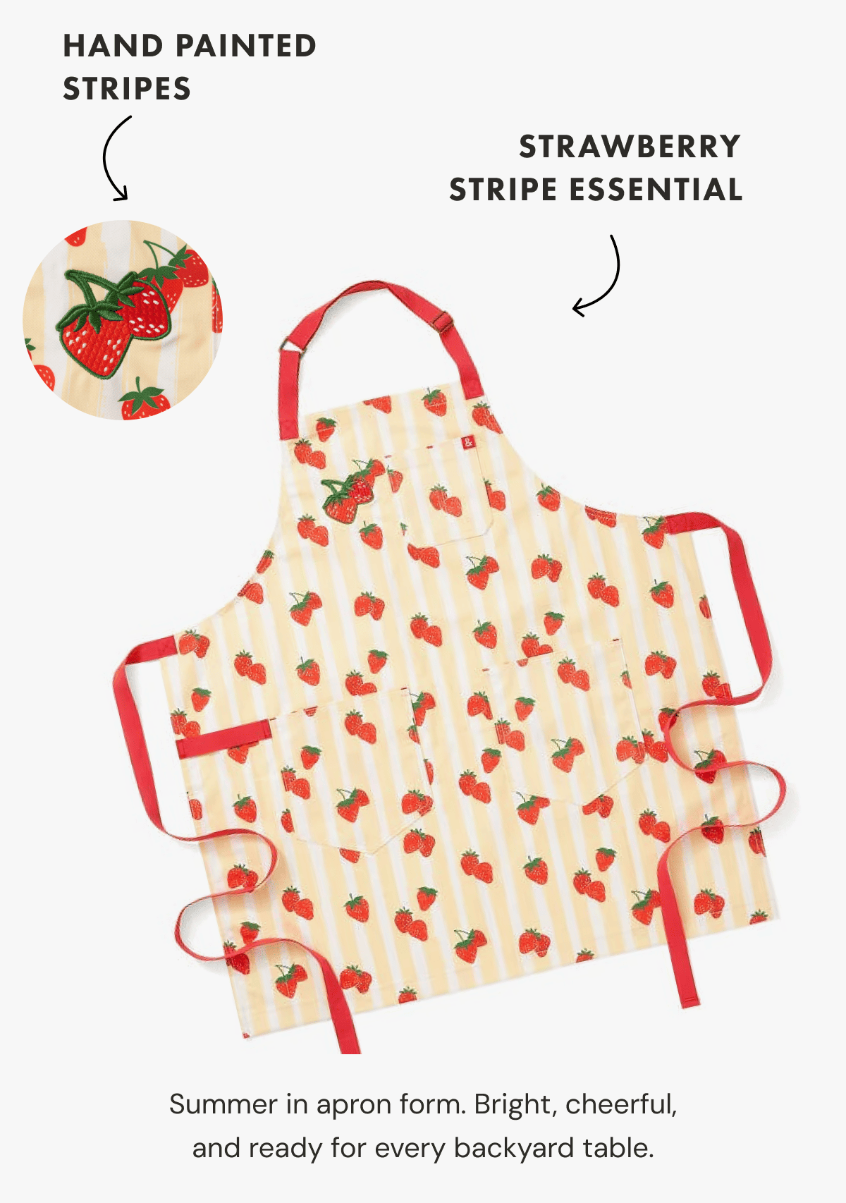 Hand painted stripes | Strawberry Stripe Essential | Summer in apron form. Bright, cheerful, and ready for every backyard table.