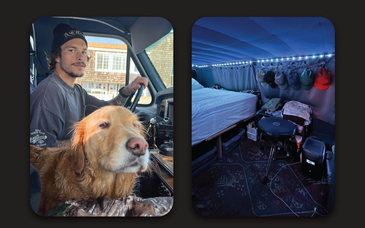 Photos of Max and his travel companion + inside the rig