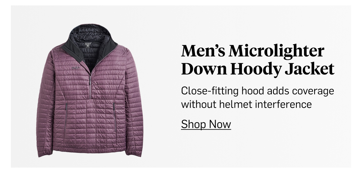 Rab Men's Microlighter Down Hoody Jacket: close-fitting hood without helmet interference. Shop Now