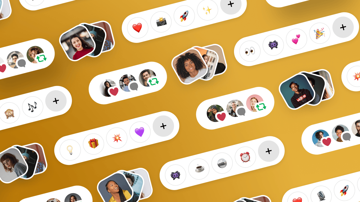 Chat interface elements with emojis, icons, and profile pictures on a yellow background.