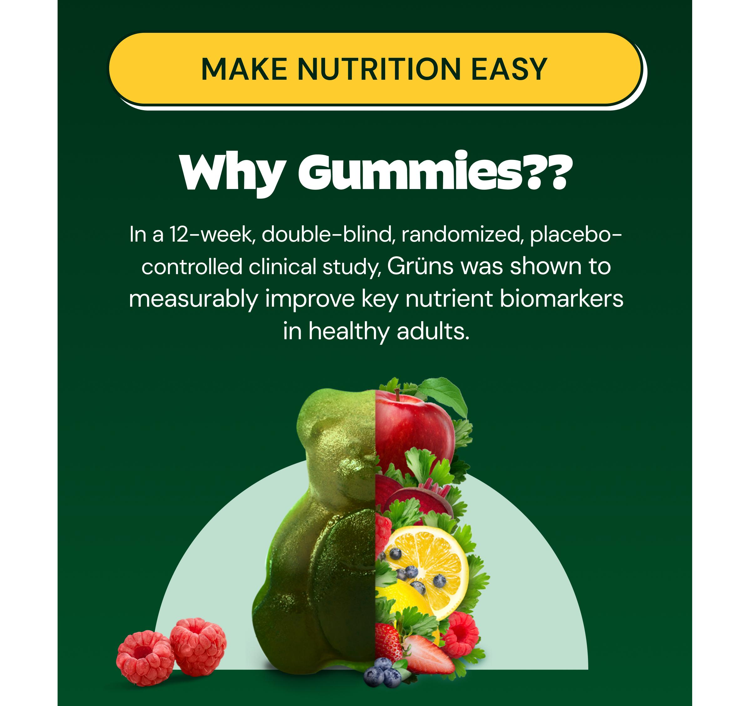 Button: Make Nutrition Easy. Why Gummies?? in a 12-Week, Double-Blind, Randomized, Placebo-Controlled Clinical Study, Gr&uuml;ns Was Shown to Measurably Improve Key Nutrient Biomarkers in Healthy Adults.