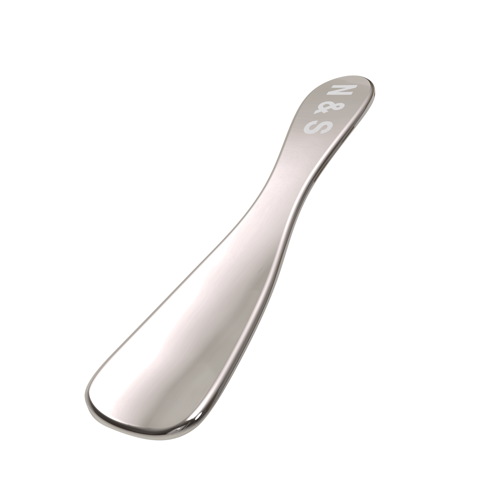 A close-up, medium shot of a silver shoehorn with the text 'N & S' embossed on its handle, set against a white background with diffused lighting.