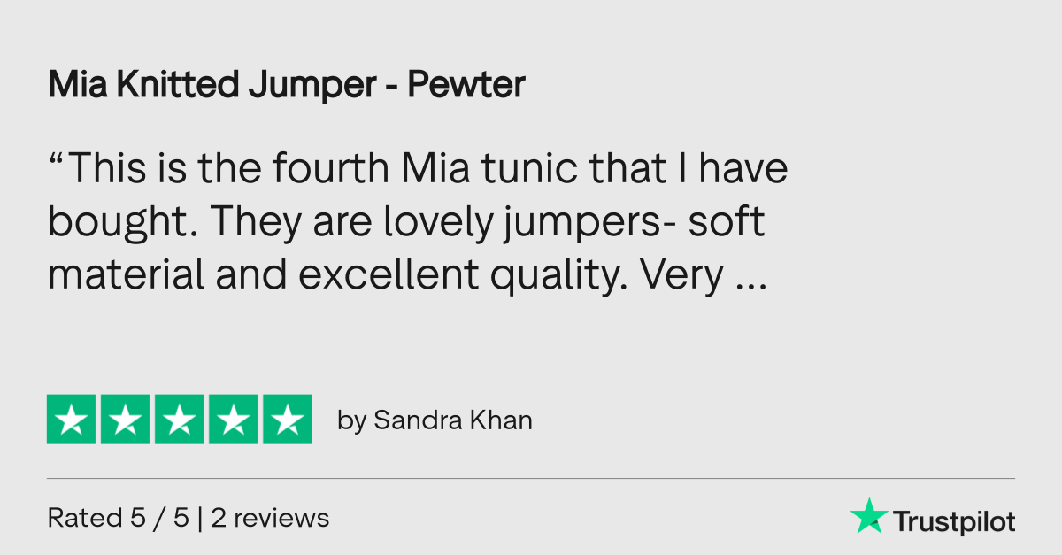 Trustpilot 5-star customer review for Mia Knitted Jumper - Pewter by Sandra Khan