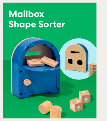 Mailbox Shape Sorter. A colorful mailbox-shaped learning toy with wooden shapes for sorting.