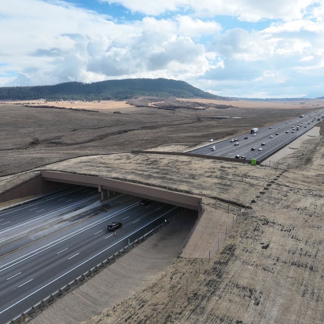 Grass-covered wildlife crossing over a multi-lane highway in open countryside.