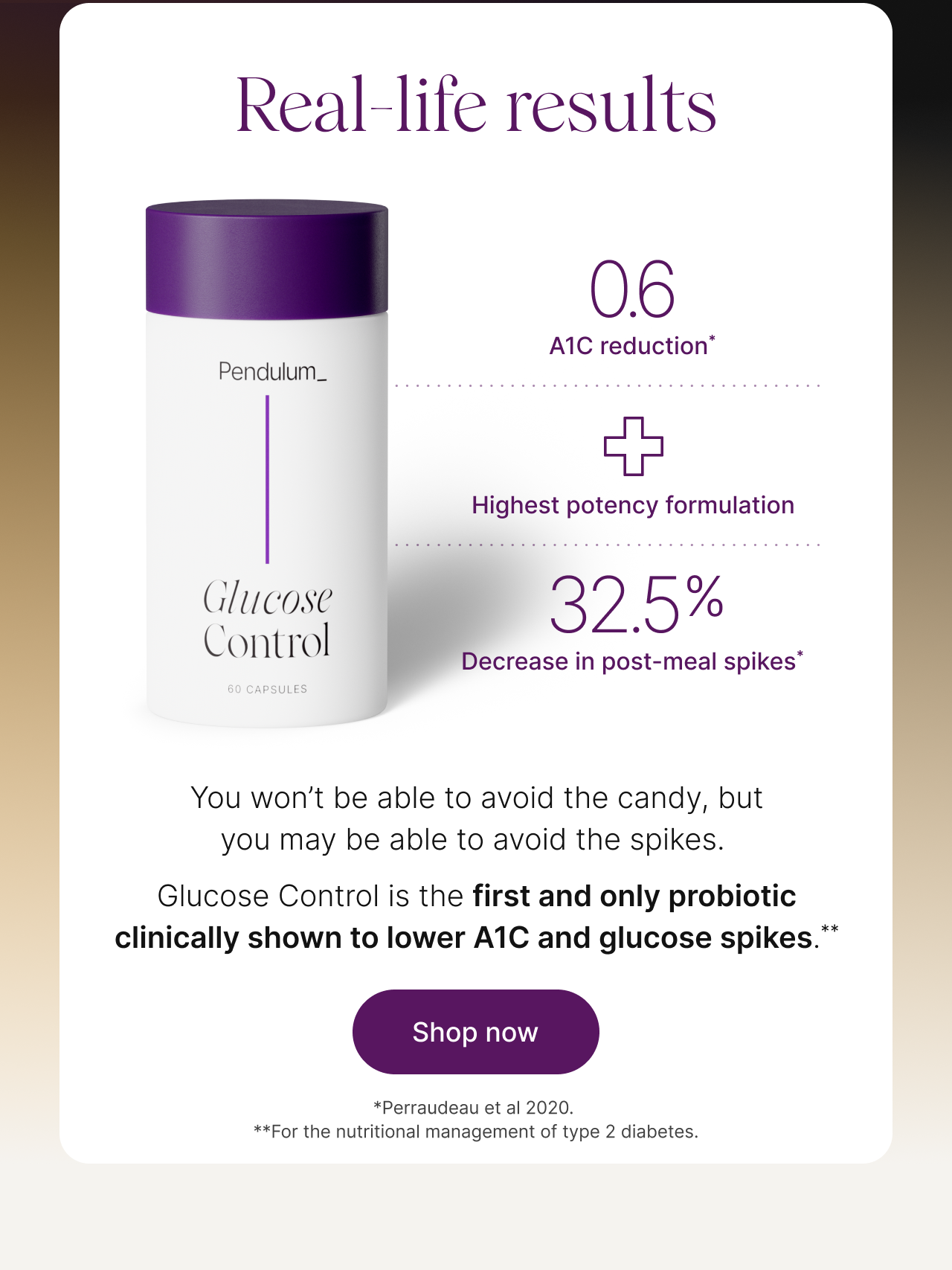 Real-life results. Glucose Control, 90 capsules. 0.6 A1C reduction. Highest potency formulation. 32.5% decrease in post-meal spikes. You won't be able to avoid the candy, but you may be able to avoid the spikes. Glucose Control is the first and only probiotic clinically shown to lower A1C and glucose spikes. Shop now. Perraudeau et al 2020. For the nutritional management of type 2 diabetes.