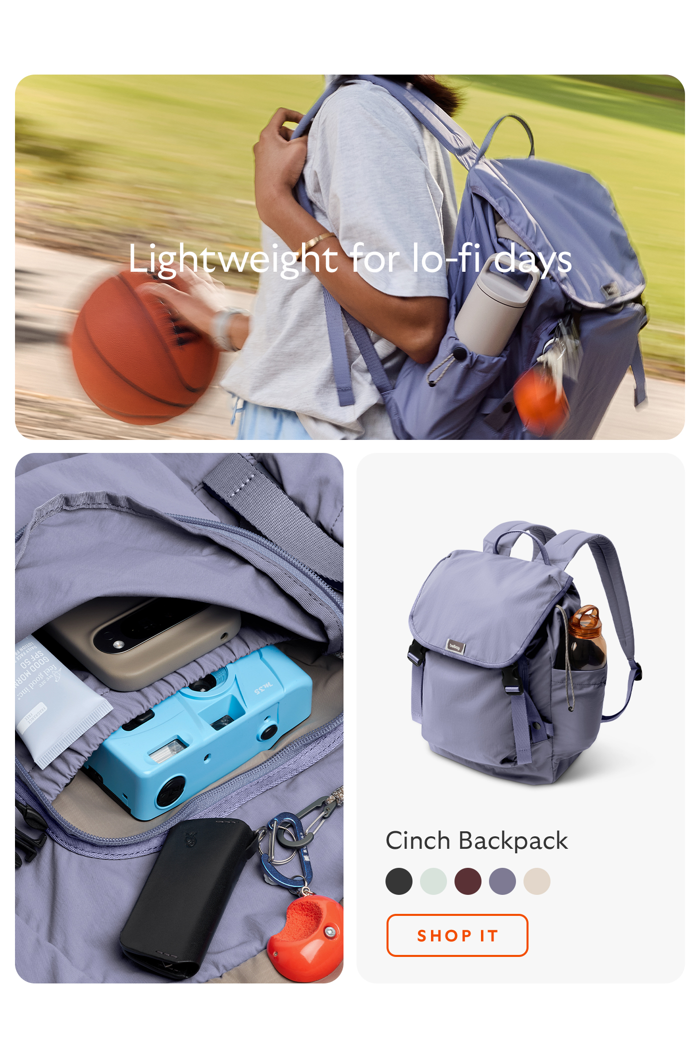 [Header] Lighteweight for lo-fi days [Product] Cinch Backpack [CTA] Shop It