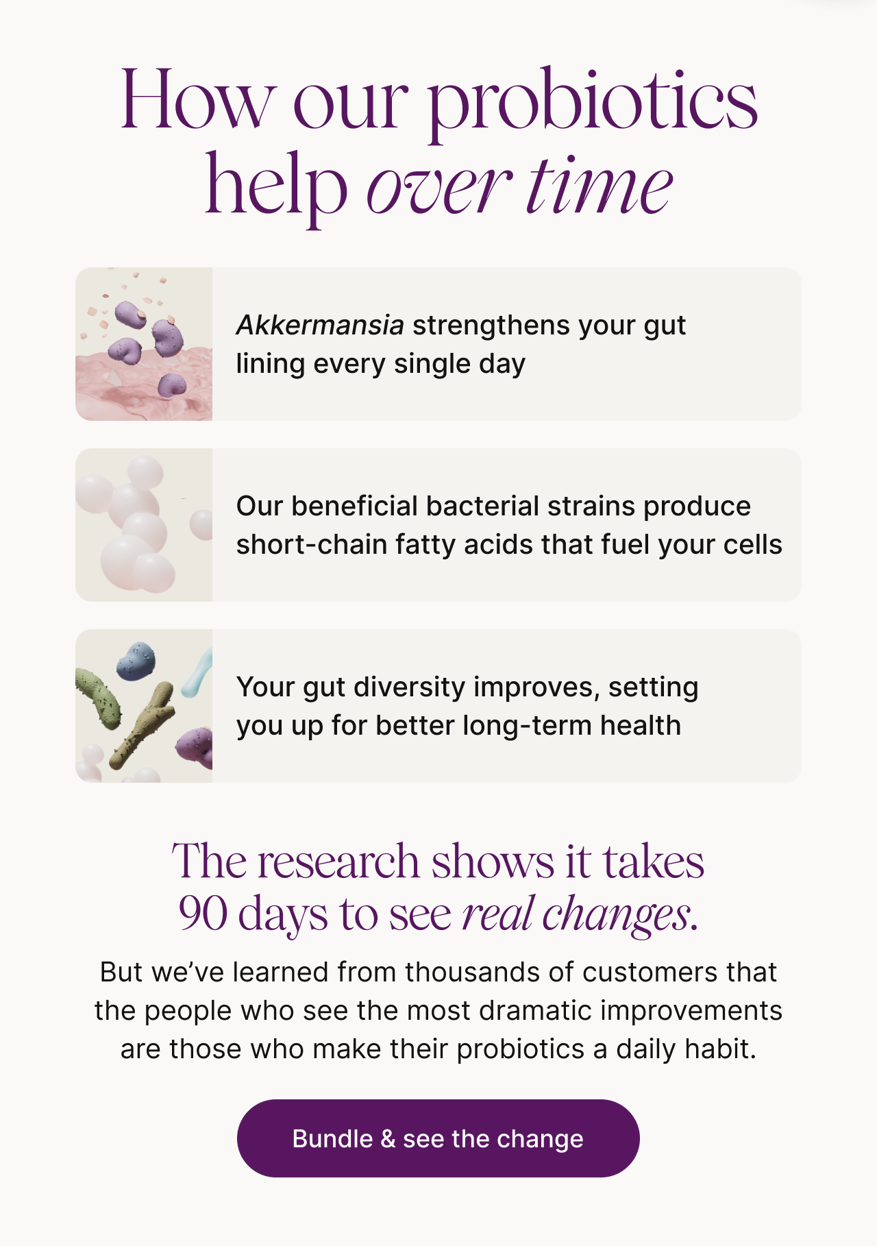 How our probiotics help over time. Akkermansia strengthens your gut lining every single day. Our beneficial bacterial strains produce short-chain fatty acids that fuel your cells. Your gut diversity improves, setting you up for better long-term health. The research shows it takes 90 days to see real changes. But we've learned from thousands of customers that the people who see the most dramatic improvements are those who make their probiotics a daily habit. Bundle & see the change.