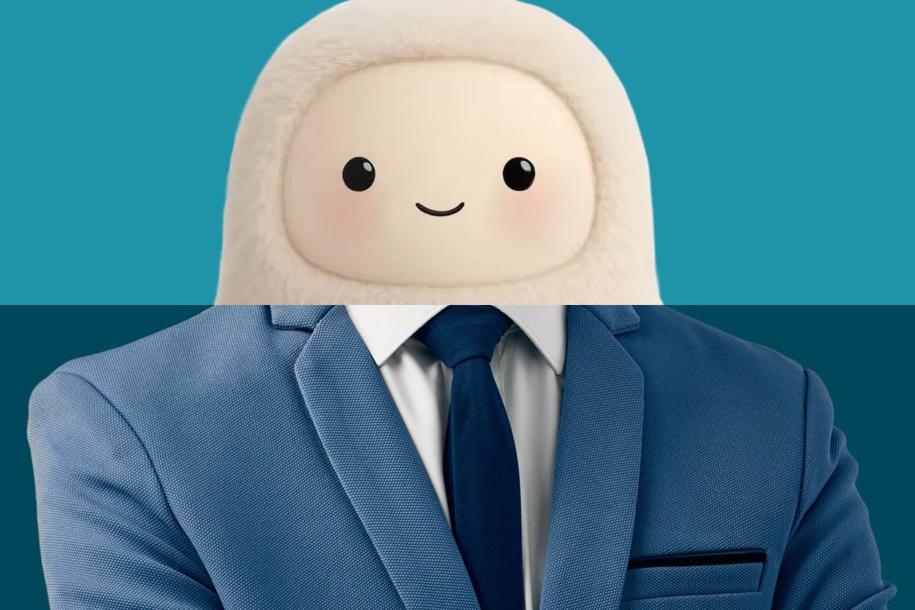 Split image showing the anthropomorphic Muse mascot (a sort of soft fuzzy round yeti with a friendly smiling face and rosy cheeks) on top, and the torso of a man wearing a blue business suit beneath, cropped to look as if the mascot is wearing the suit.