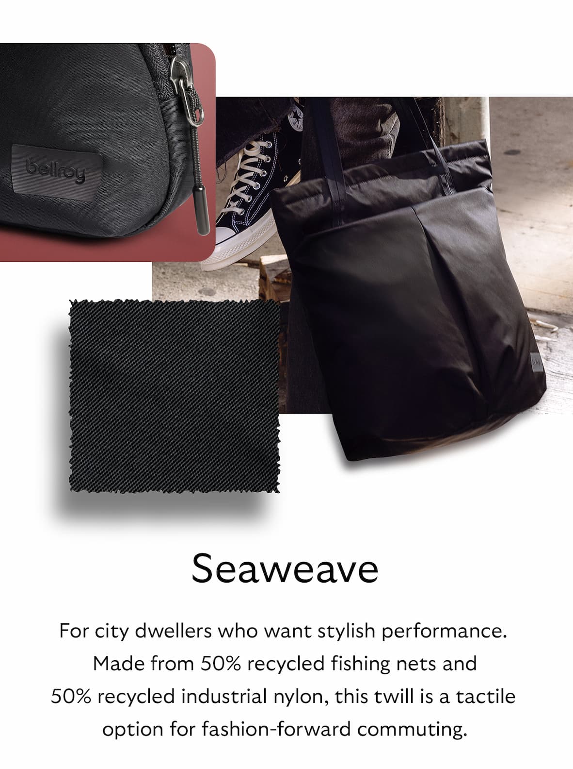 [Material name] Seaweave (Sheen) [Starburst] For city dwellers who want stylish performance. Made from 50% recycled fishing nets and 50% recycled industrial nylon, this twill is a tactile option for fashion-forward commuting. 