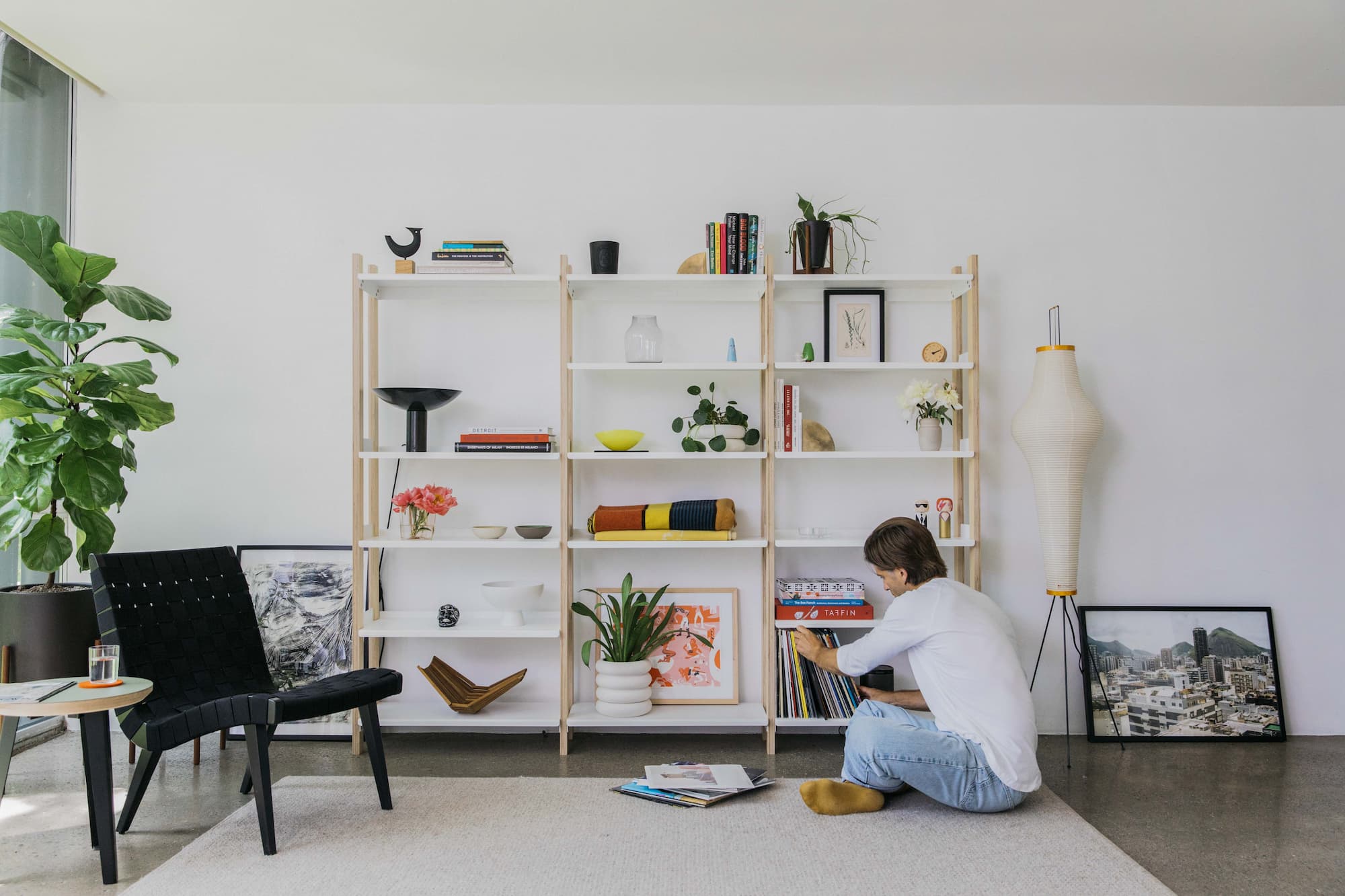 Pictured: The Shelving System (Short + Tall) in Black/Ash.
