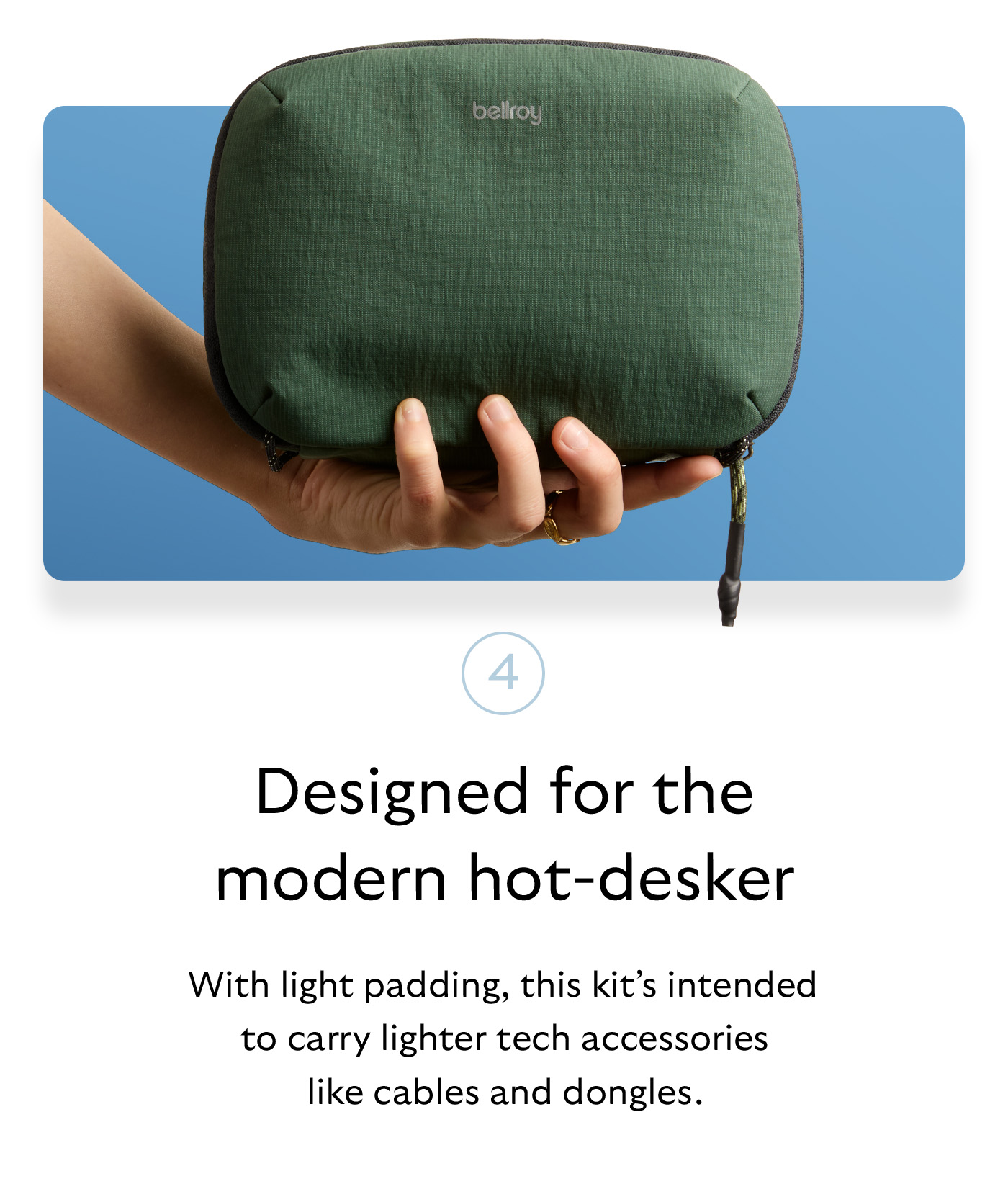 [Header] Designed for the modern hot-desker [Blurb] With light padding, this kit&rsquo;s intended to carry lighter tech accessories like cables and dongles.