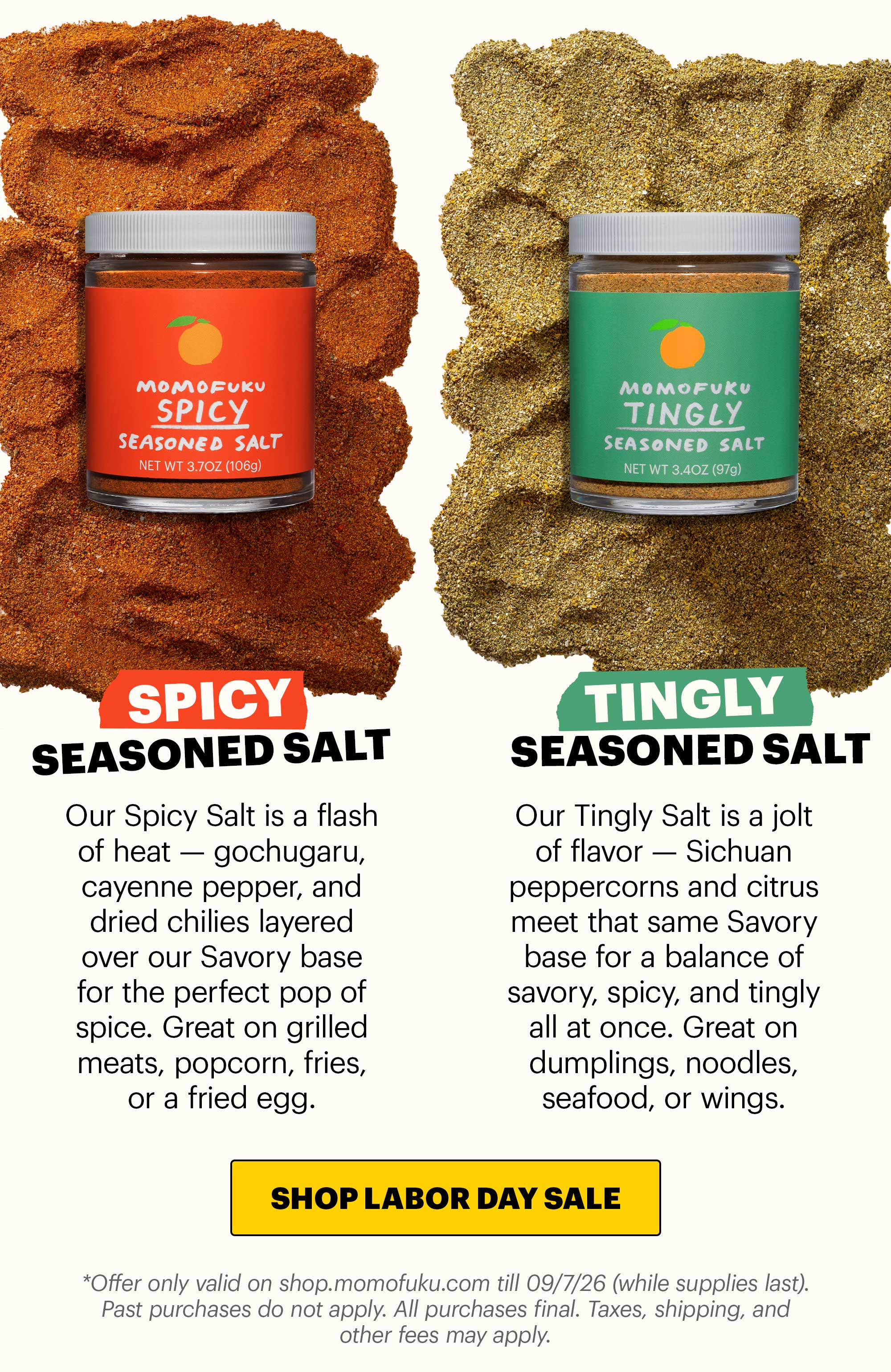 Header: FREE Tingly and Spicy Salt Duo Sub-header: Labor Day Sale CTA: SHOP LABOR DAY SALE