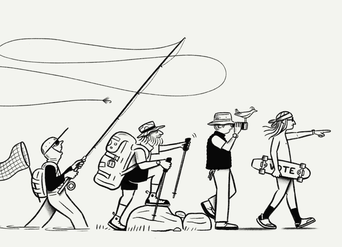 Illustration of outdoor enthusiasts heading in the same direction.