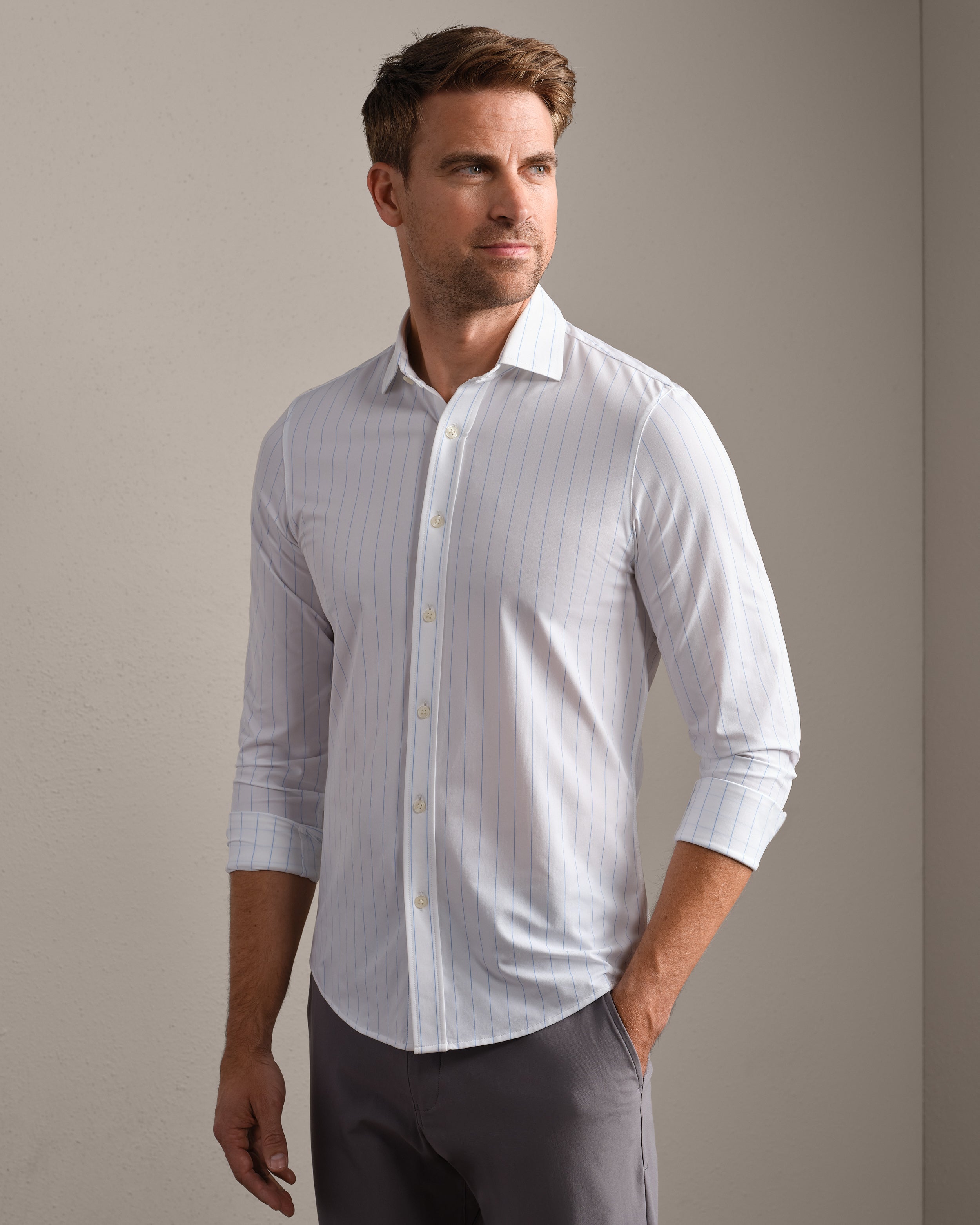 Image of Commuter&reg; Shirt Semi Spread Collar -- Light Blue Downtown Stripe