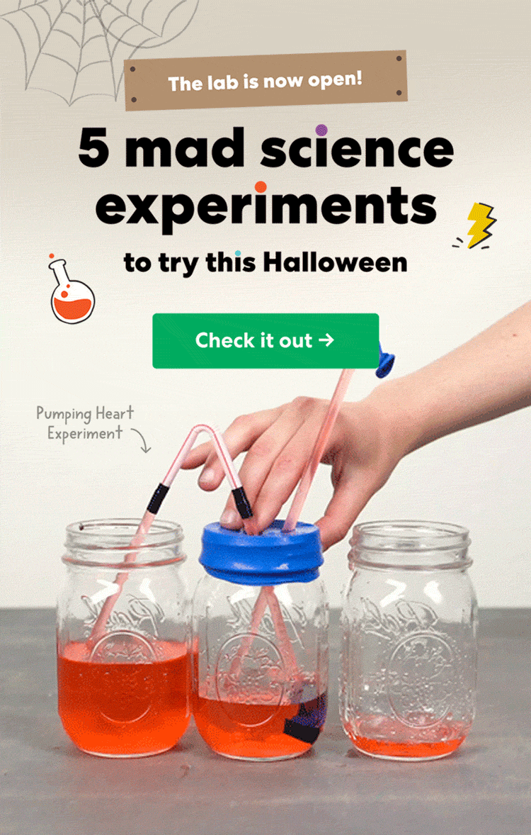 The lab is now open! 5 mad science experiments to try this Halloween. A pumping heart experiment uses jars, red liquid, tubing, and a hand pressing a pump. Check it out 
