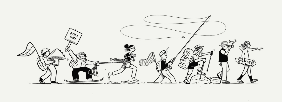Illustration of outdoor enthusiasts heading in the same direction.
