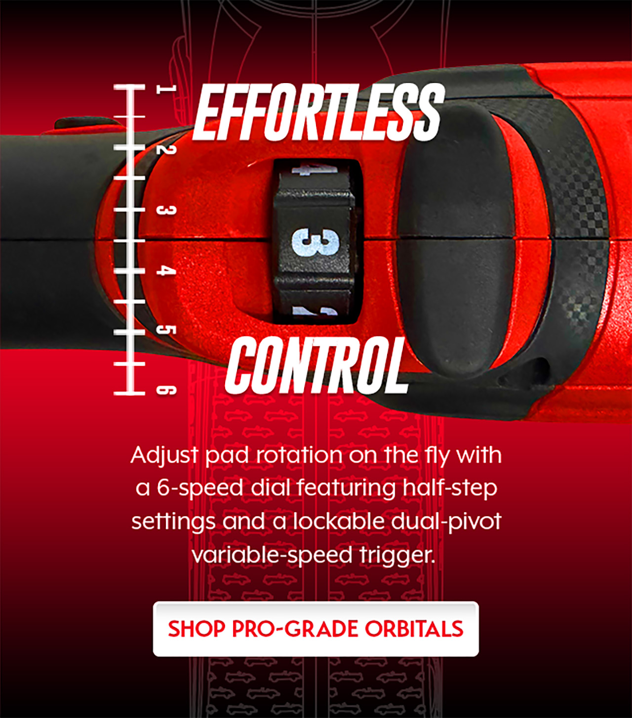 Close-up of the BOSS orbital polisher's 6-speed control dial for precise, on-the-fly speed adjustment and enhanced polishing control.