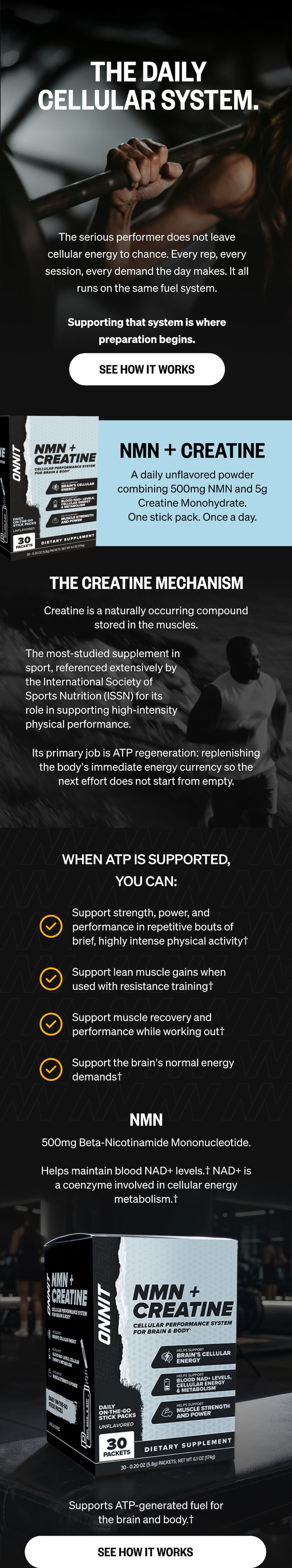 INTRODUCING NMN + CREATINE SHOP NOW Meet the newest addition to your daily protocol. 500MG NMN + 5G CREATINE. ONE STICK PACK. ONCE A DAY.  NMN supports blood NAD+ levels involved in cellular energy metabolism. Creatine provides brain cellular energy support and supports lean muscle mass when used with resistance training. Supports strength and power during brief, highly intense physical activity.&dagger;  Designed to fit seamlessly into your daily protocol, built to disappear into your routine: one stick. SUBSCRIBE & SAVE  for $42.50 per month or purchase once for $49.99.  SHOP NMN + CREATINE