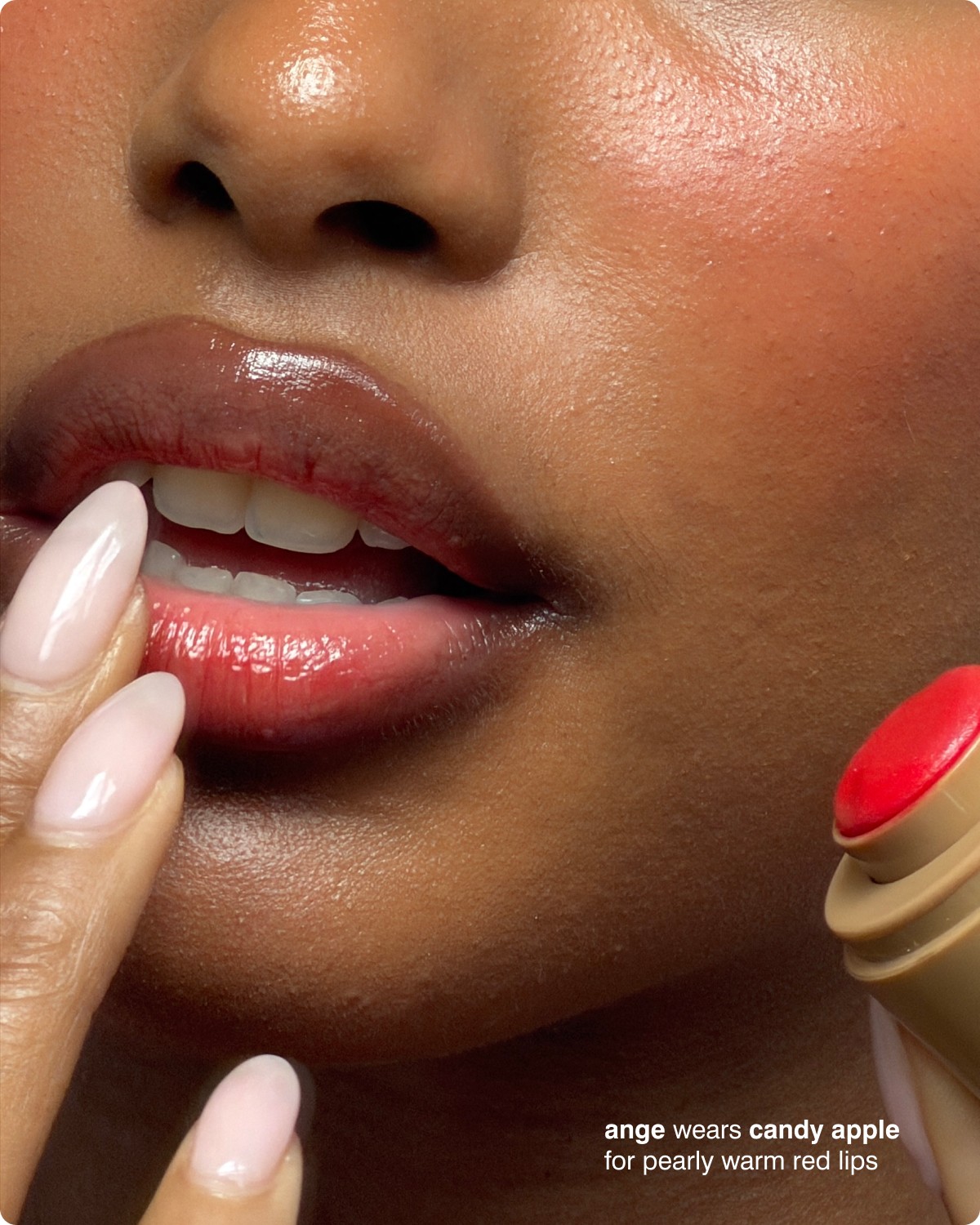 ange wears candy apple for pearly warm red lips