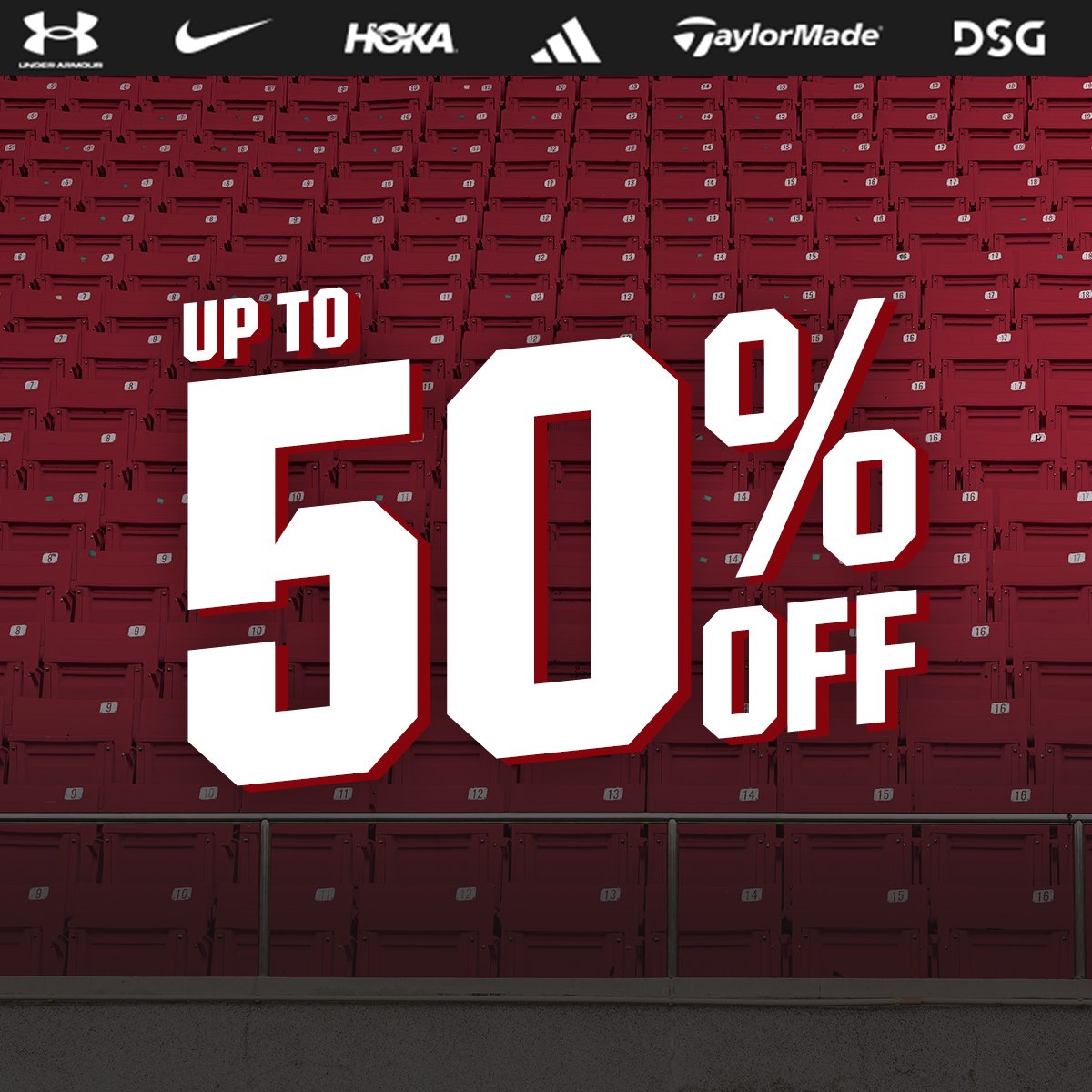 Up to 50% off Under Armour, Nike, HOKA, adidas, TaylorMade, DSG.