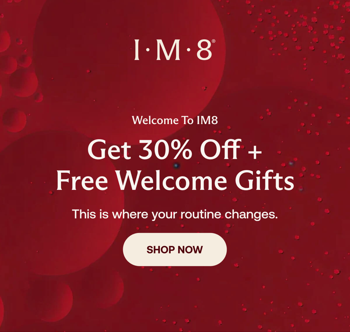 IM8 welcome ad with fruit and product samples, offering a subscription discount.