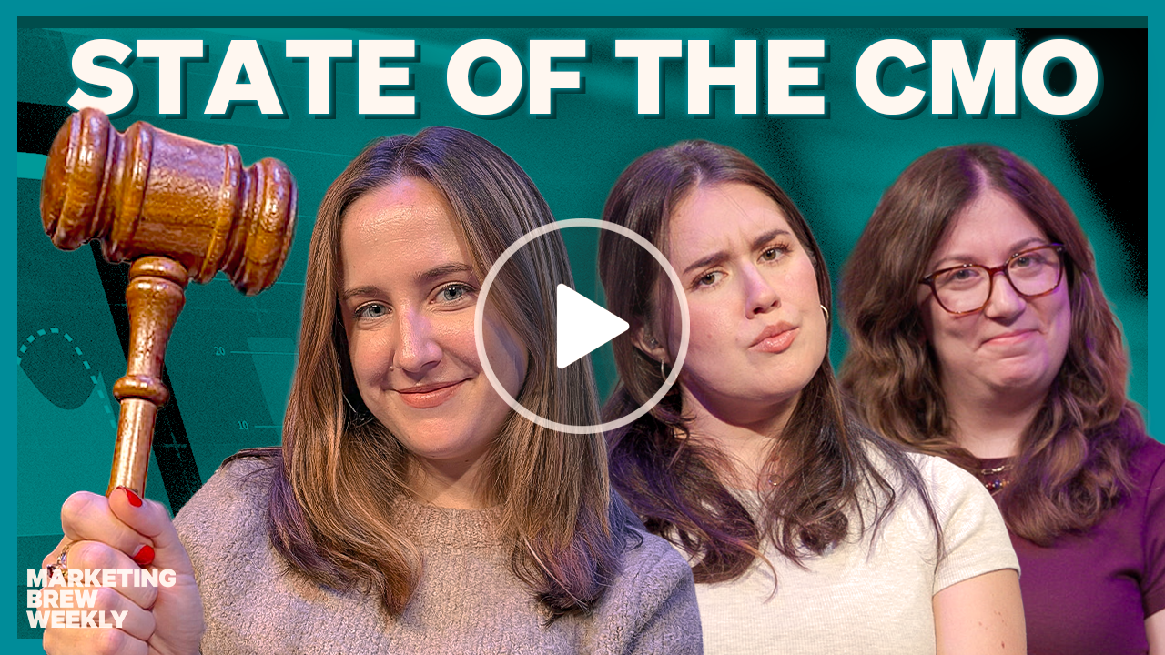 Marketing Brew Weekly podcast hosts holding a gavel with 