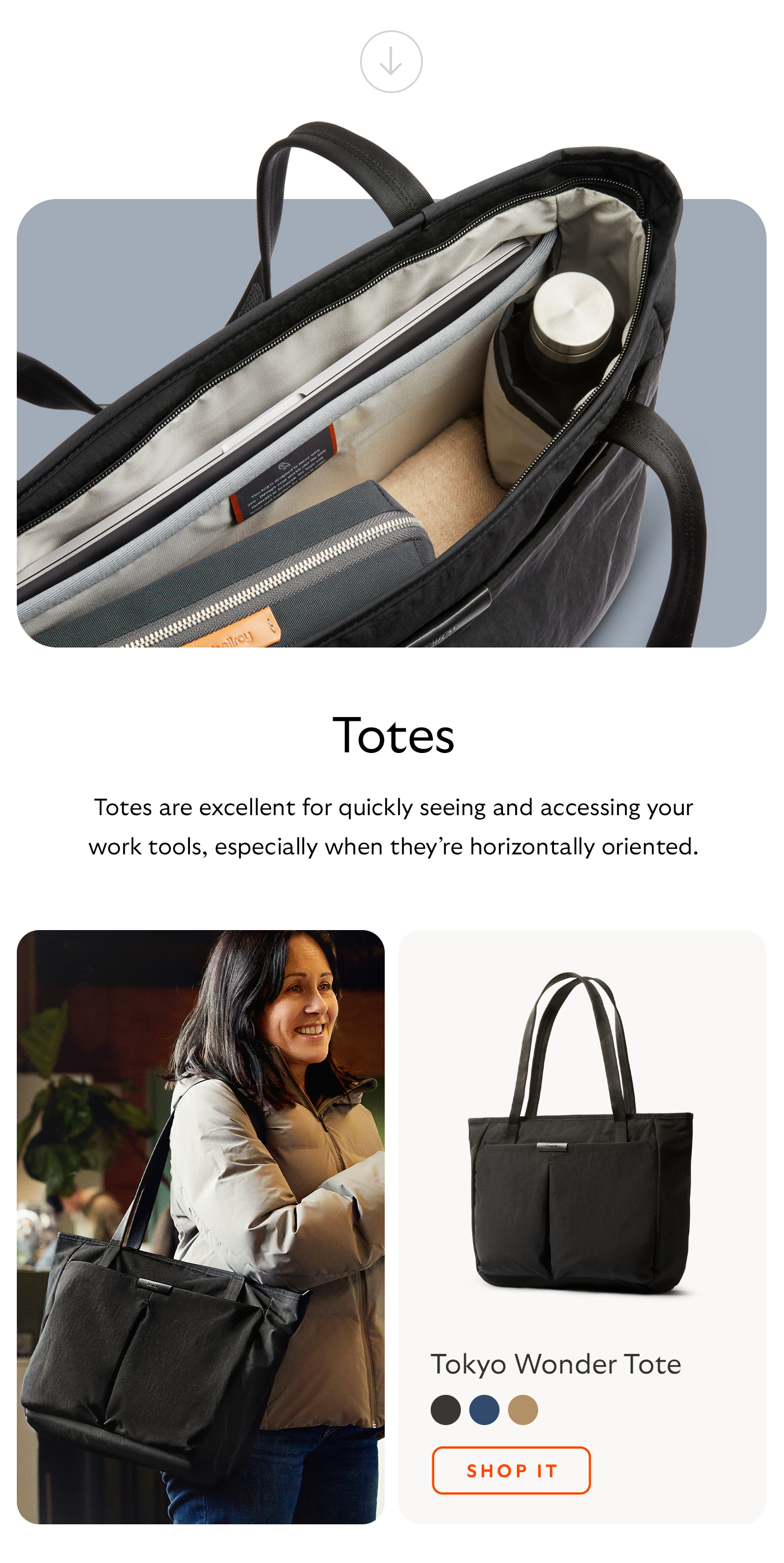 [Header/product name] Tokyo Wonder Tote [Blurb] Totes are excellent for quickly seeing and accessing your work tools, especially when they&rsquo;re horizontally oriented. [CTA] Shop it